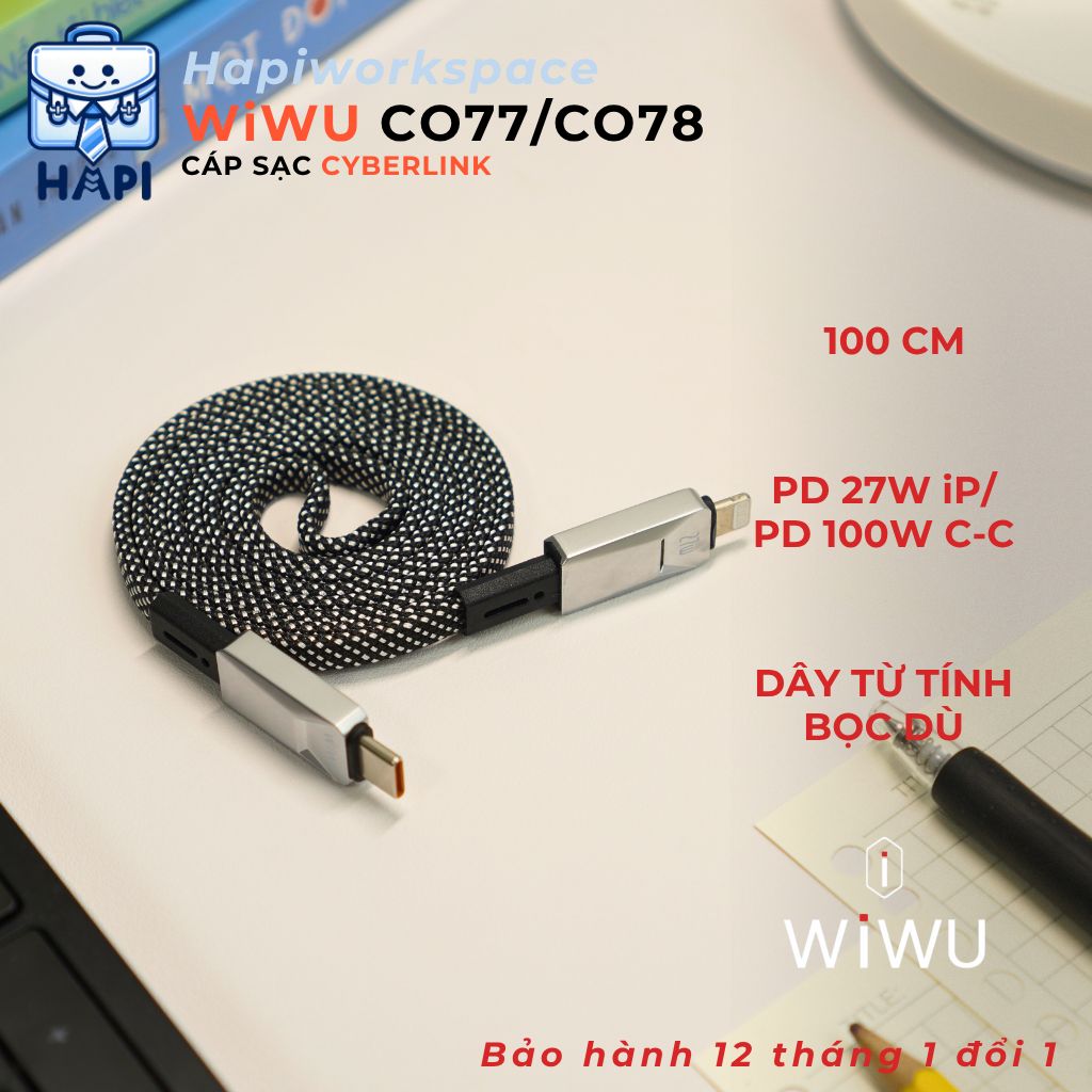 Cáp sạc hàng chính hãng WiWU Cyberlink Type-C to Type-C Wi-C078 dây dù nylon siêu bền, truyền đẫn ổn định