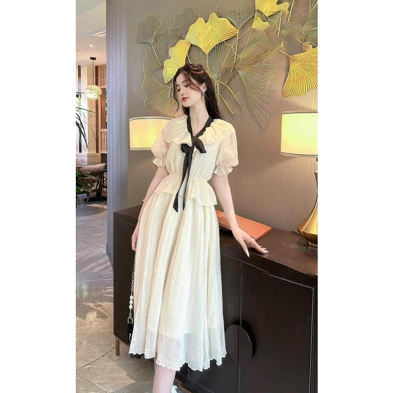 Đầm midi cao cấp cổ bèo cột nơ tay phồng