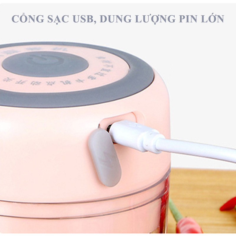 Máy Xay Tỏi Ớt Cầm Tay Mini Sạc Pin- Sạc USB, 3 Lưỡi Dao, Dung tích 100ml, 250ml, tiện lợi