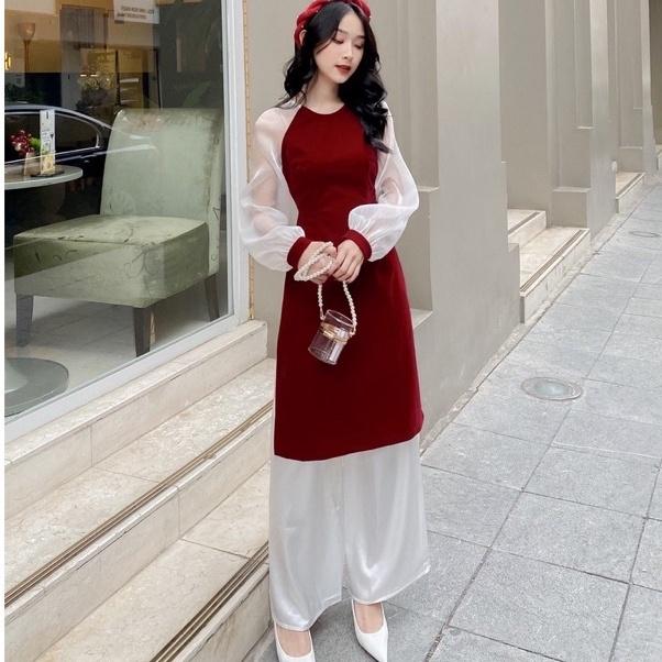 Áo Dài Du Xuân , Áo Dài Cách Tân Thân Nhung Đỏ Cao Cấp