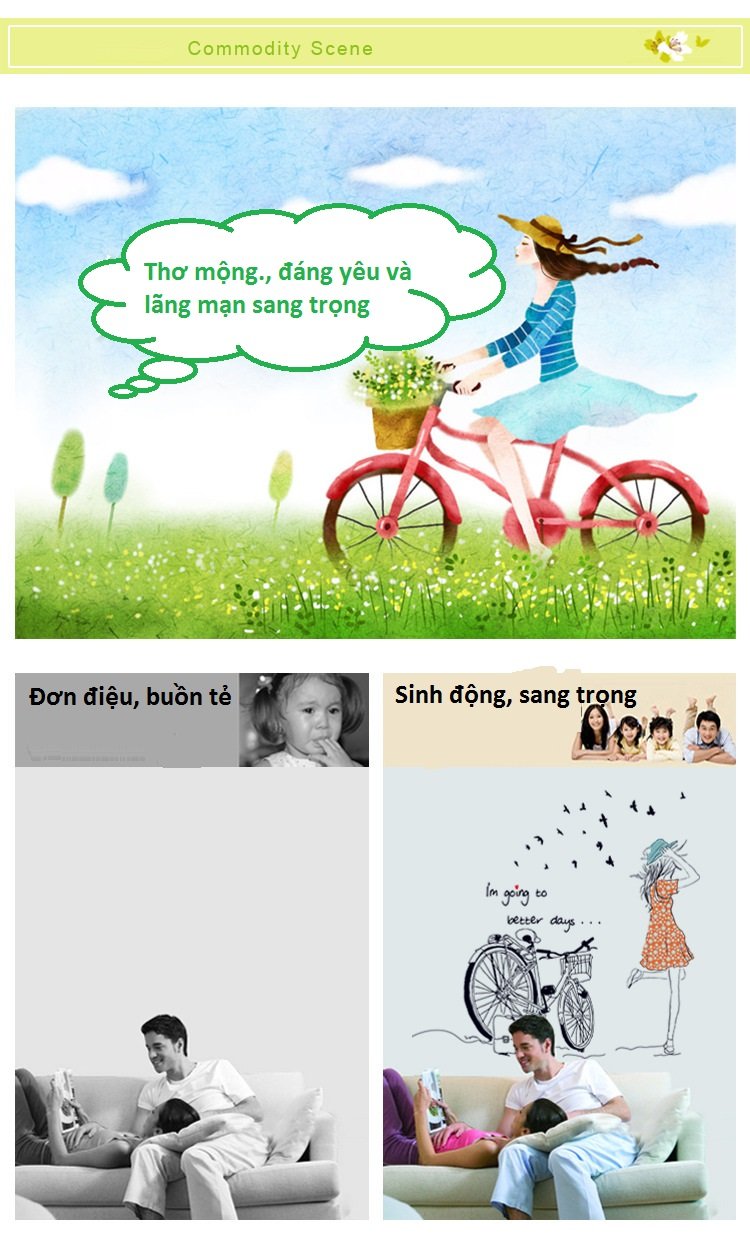 Decal dán tường xe đạp và cô gái lãng mạn