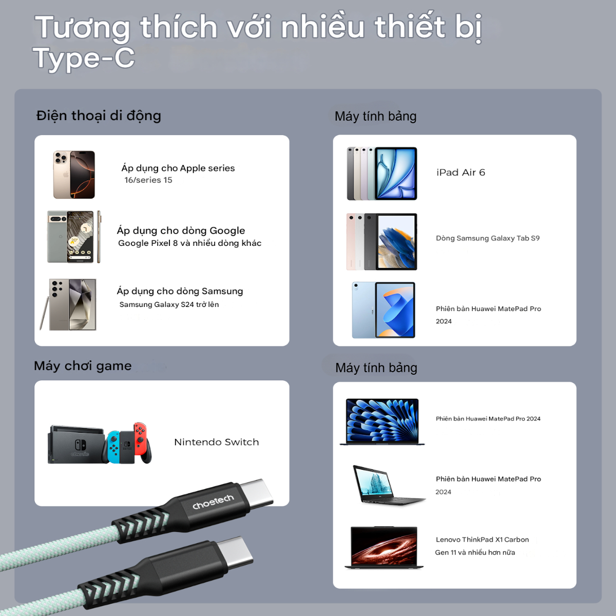 Cáp sạc nhanh Type C to Type C 100W Choetech XCC-1081 thiết kế từ tính - Hàng chính hãng