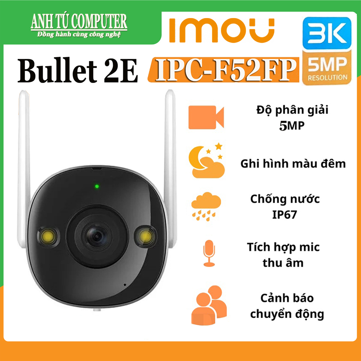 Camera IP Wifi 5MP 3K ngoài trời IMOU BULLET 2E F52FP hàng chính hãng