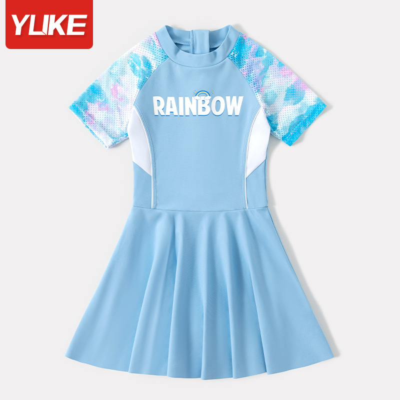Đồ bơi bé gái liền thân size đại 2-10 tuổi chữ RAINBOW kiểu chân váy hàng YLIKE cao cấp vải co giãn cực tốt