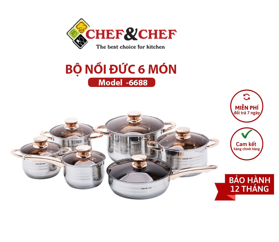 Bộ nồi Đức 6 món CHEF &amp; CHEF -6688 Đun nấu nhanh và tiết kiệm năng lượng nhờ đáy 5 lớp - Hàng Chính Hãng