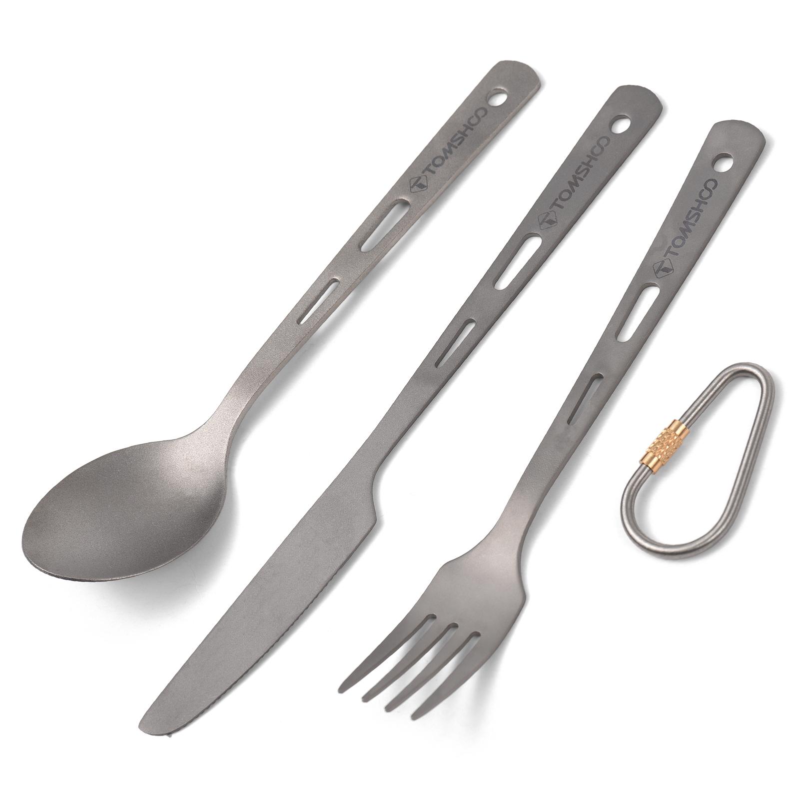 TOMSHOO Titanium 3 Piece Cutlery Set Lightweight Spoon Fork Cutter with Carabiner and Drawstring Sack for Outdoor Camping Hiking Backpacking Picnics Tableware