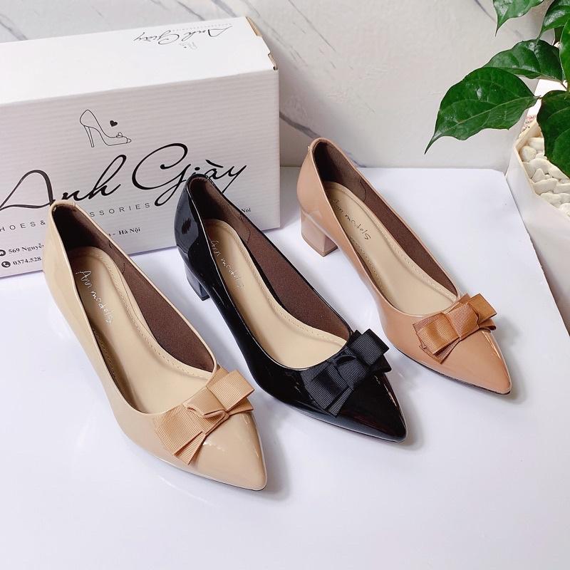 CG23 - Giày da bóng mũi nhọn gót vuông 3p nơ lụa cực xinh hàng VNXK
