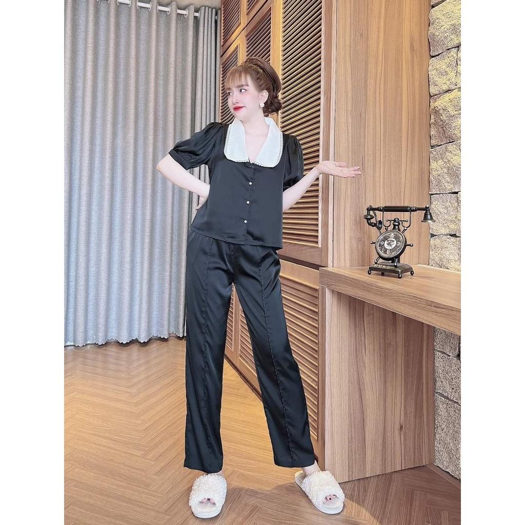 Bộ Pijama Quần Dài, Đồ Mặc Nhà Nữ Chất Lụa LATIN, Vải Đẹp, Bộ Ngủ Tay Ngắn Phối Lá Cổ Ren, Phom Dưới 56kg