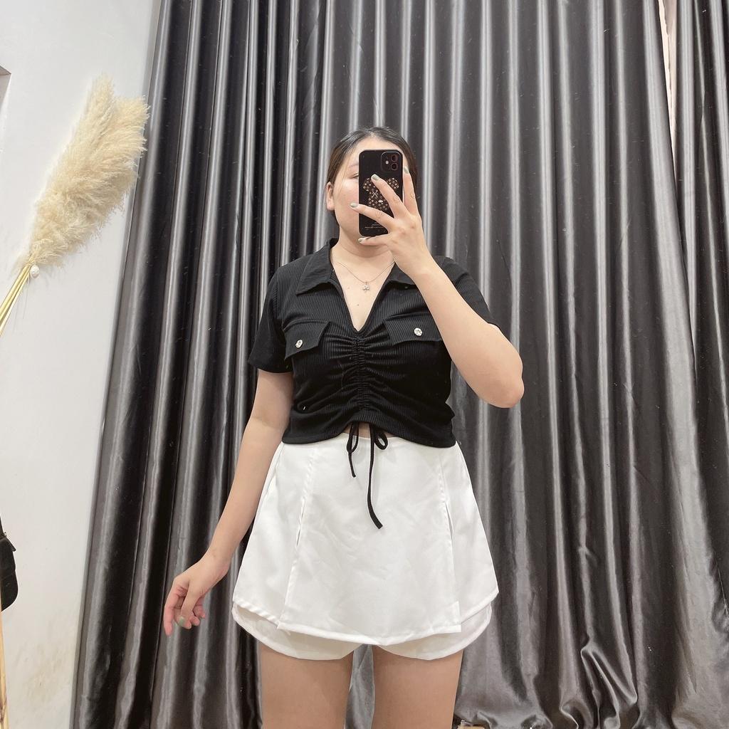 BIGSIZE Áo thun kiểu tay ngắn croptop bigsize nữ thiết kế rút dây ở giữa chất liệu thun gân G10 - Màu đen