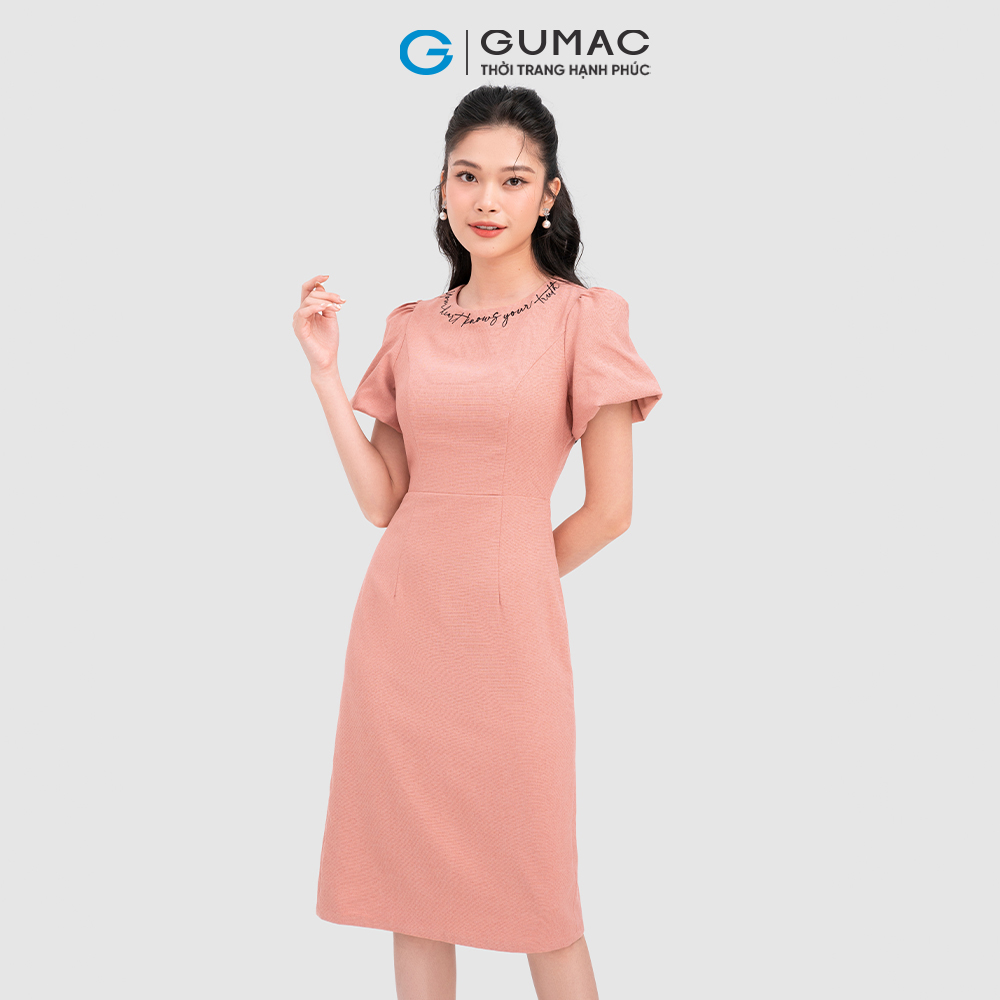 Đầm thêu viền cổ GUMAC DC11036 tay bí thanh lịch