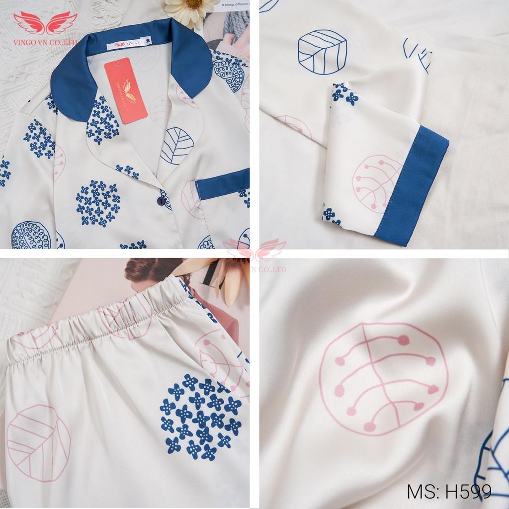 Đồ Bộ Nữ Pijama Mặc Nhà VINGO Lụa Pháp Cao Cấp Tay Dài Quần Dài Họa Tiết Hoa Tuyết Mùa Thu Đông H599 VNGO - TDQD