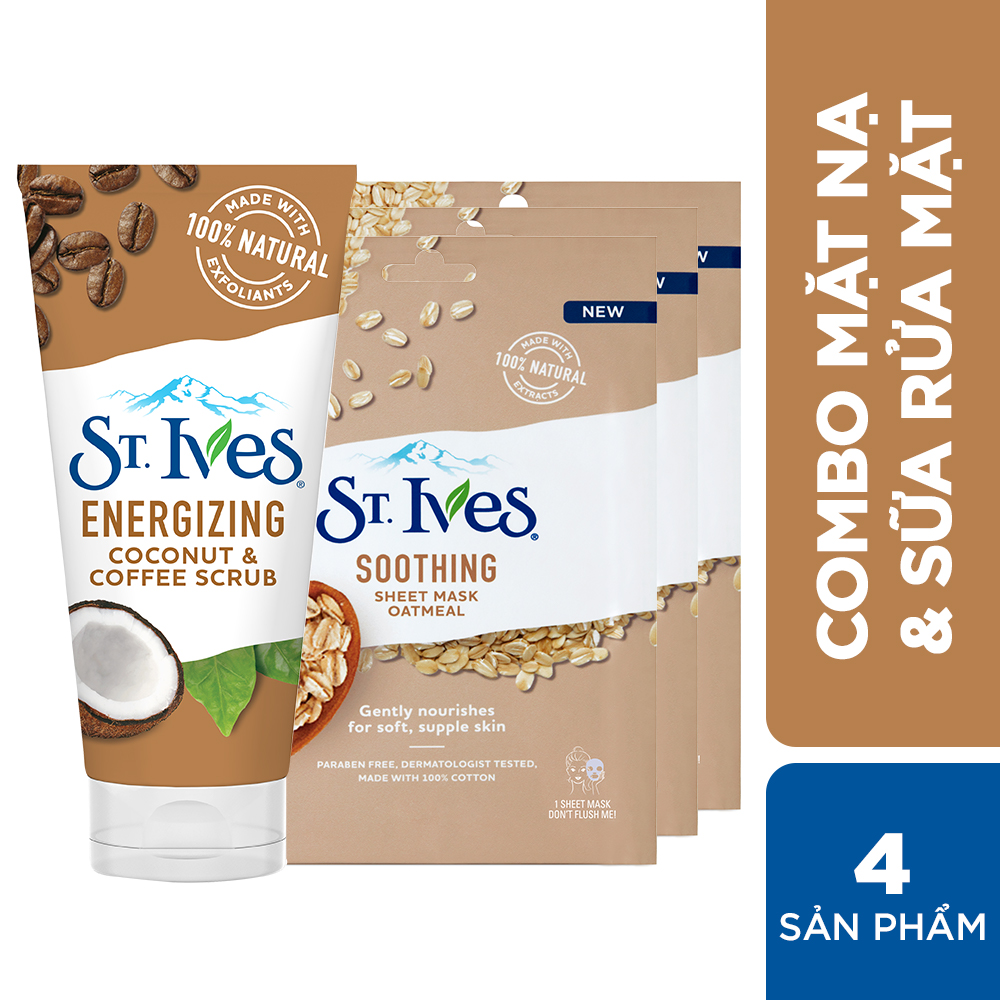 Combo Sữa rửa mặt tẩy chết St.Ives cafe và dừa 170g + Bộ mặt nạ chiết Xuất Yến Mạch 69ml (23mlx3)