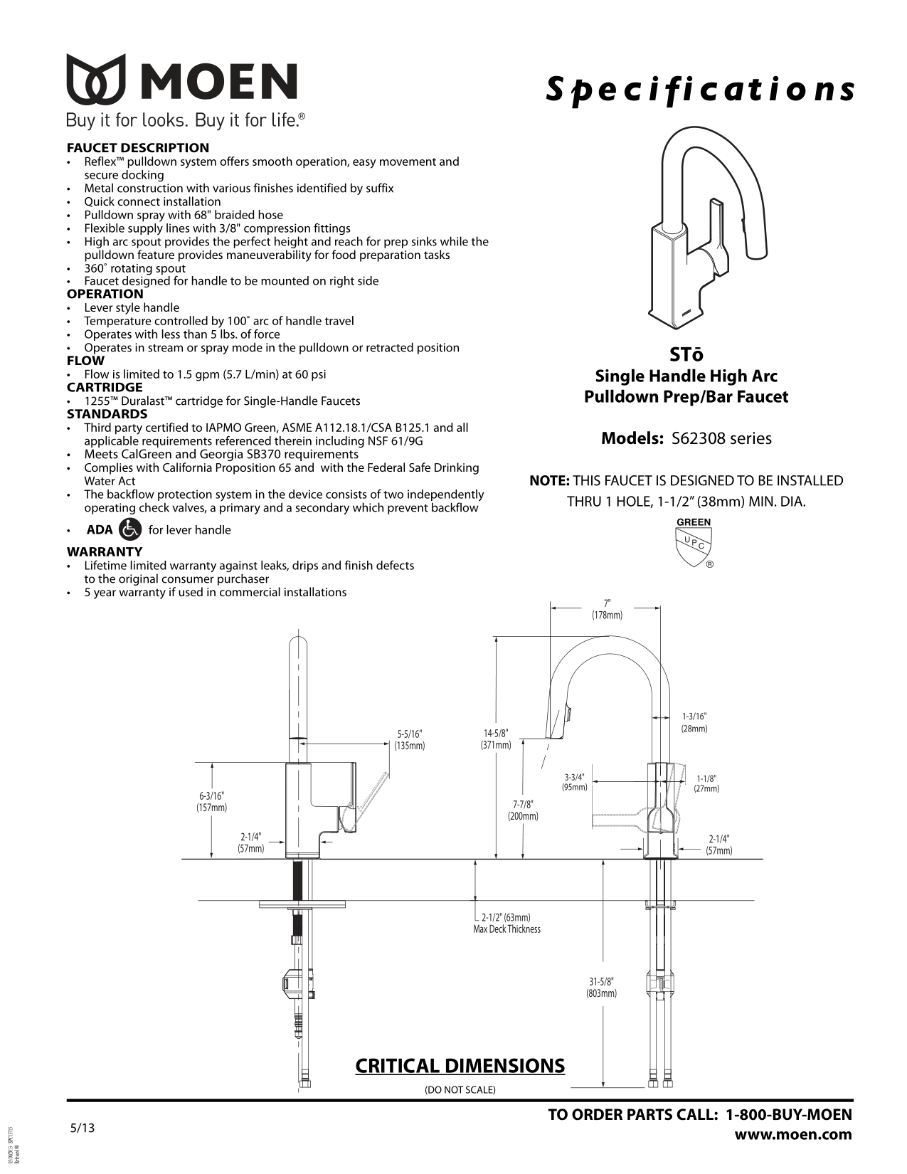 Vòi rửa chén dây kéo MOEN S62308BL (HÀNG CHÍNH HÃNG)