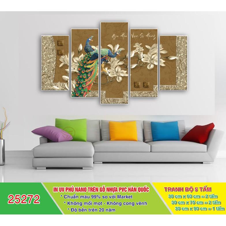 Tranh treo tường trang trí Chim công - Khổng tước 5 tấm 3D/gỗ MDF Hàn Quốc chống ẩm mốc, mối mọt