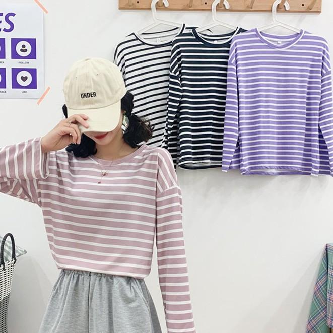 Áo Thun Nữ Tay Dài Họa Tiết Kẻ Sọc Ngang Thời Trang