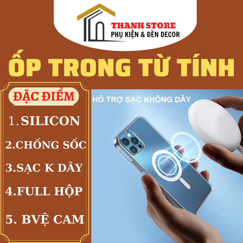 Ốp lưng điện thoại trong suốt hỗ trợ sạc từ tính cho iphone X/xsmax/11/12/13/14/pro/max/14promax