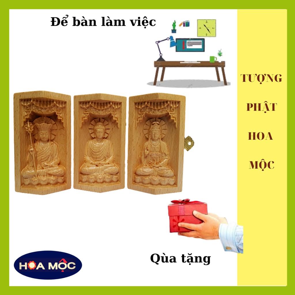Tượng Gỗ Tam Thánh Sa Bà. Tượng Địa Tạng Vương Bồ Tát - Phật Thích Ca - Quan Âm Bồ Tát. Điêu Khắc Chất Liệu Gỗ