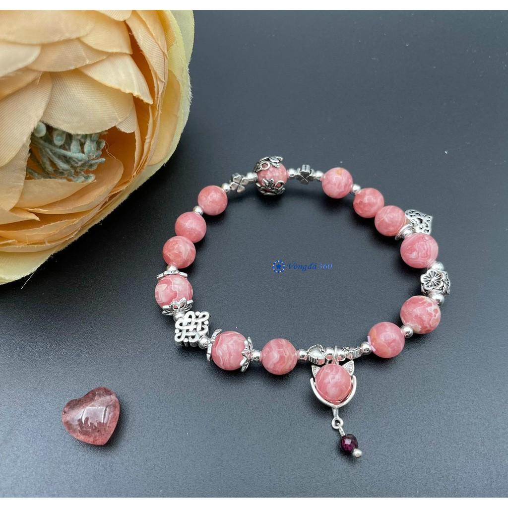 Vòng tay Phong Thuỷ Đá Đào Hoa 8mm mix charm bạc hồ ly - mẫu 02