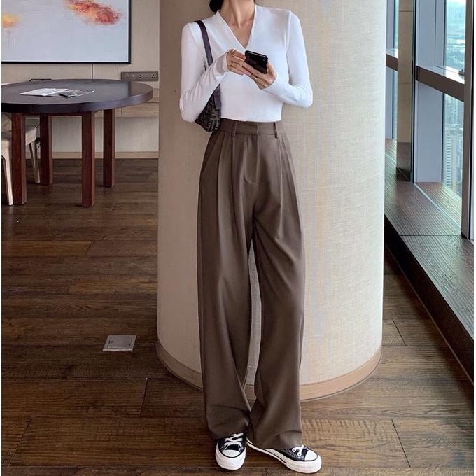 Quần ống đứng cạp cao chất kaki culottes suông nữ mặc kéo dài chân D'Lily Store