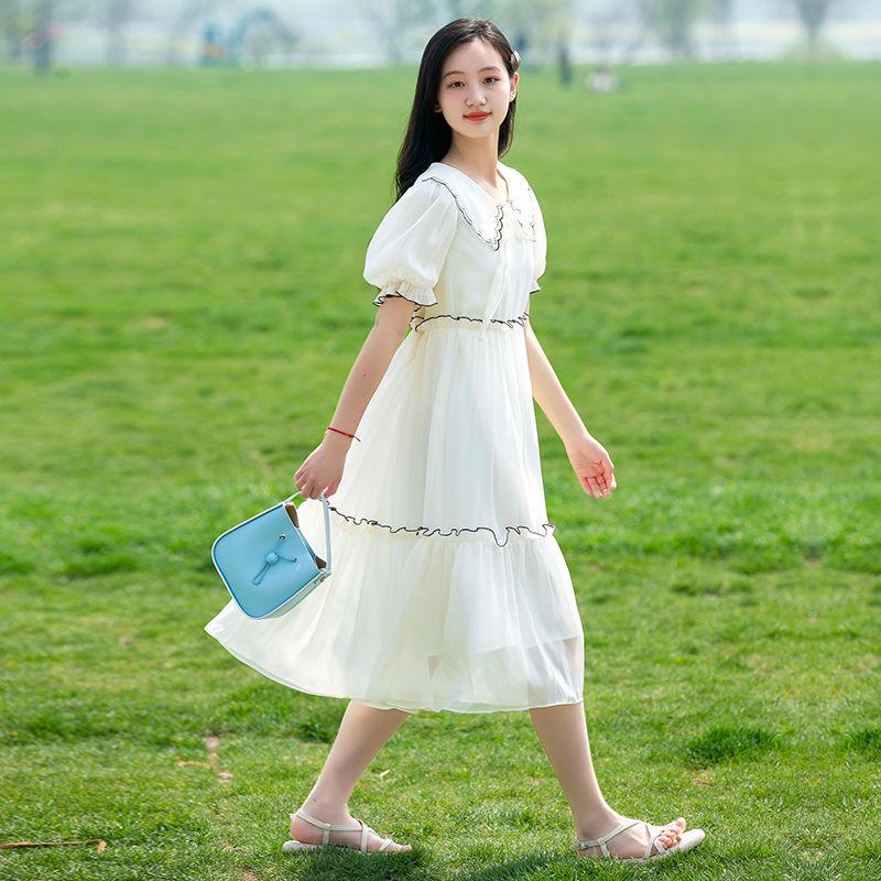SHUANGYAN Cô gái mùa hè ăn mặc trường đại học phong cách tây váy công chúa cô gái lớn váy mùa hè 12 năm cô gái chiffon đầm dài