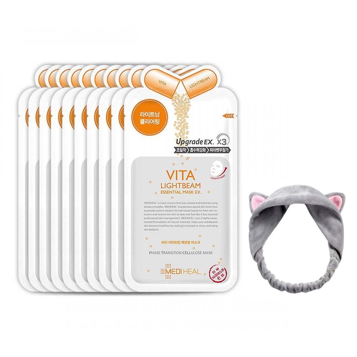 Hộp 10 Mặt nạ dưỡng trắng sáng da Mediheal Vita Lightbeam Essential Mask Ex 25ml x10 + Tặng 1 Băng Đô Tai Mèo Xinh Xắn ( Màu Ngẫu Nhiên)