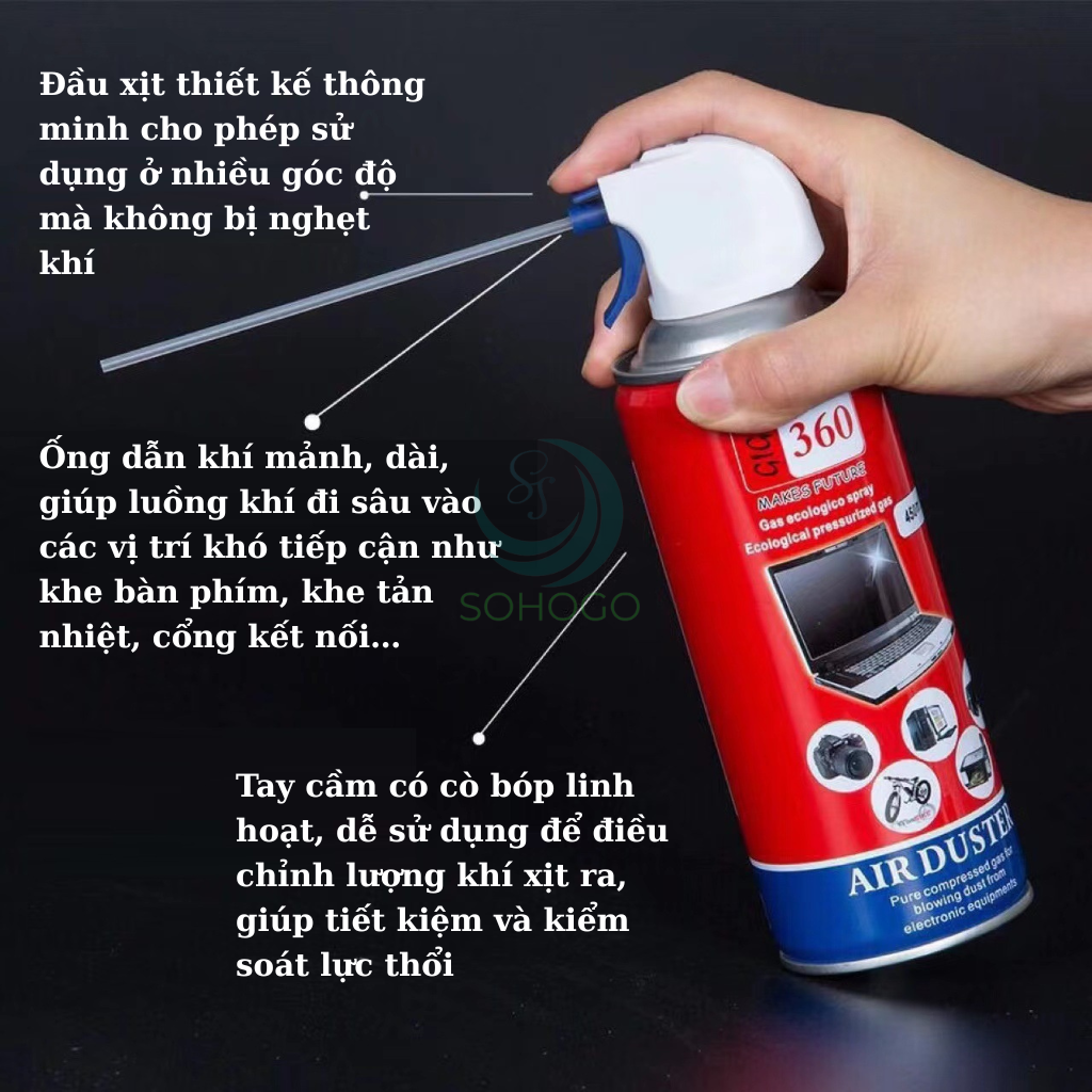 Chai xịt khí nén 450ml vệ sinh thiết bị điện tử – chuyên dụng cho PC, laptop, bàn phím, máy ảnh, và thiết bị văn phòng- Hàng nhập khẩu