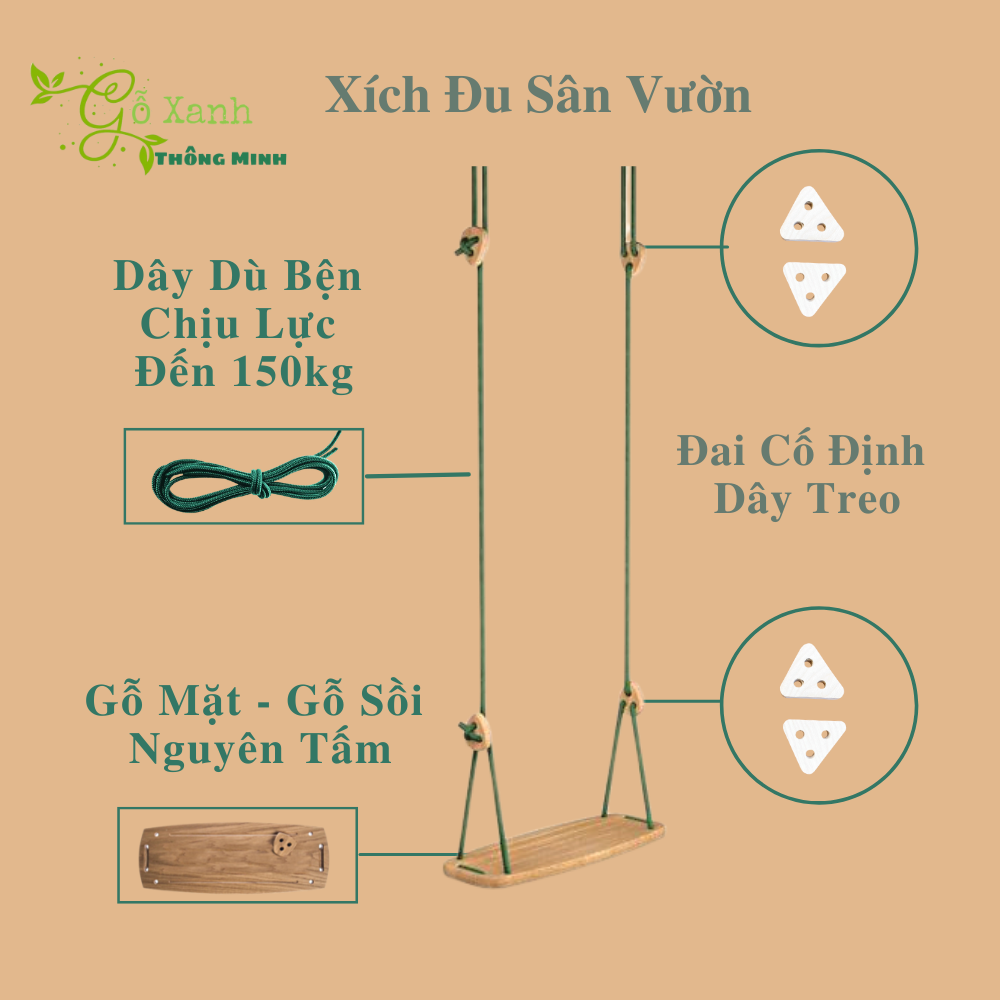 Xích Đu Sân Vườn - Chất Liệu Gỗ Tự Nhiên Nguyên Tấm KT 25x60cm - Bền - Đẹp - Chắc Chắn