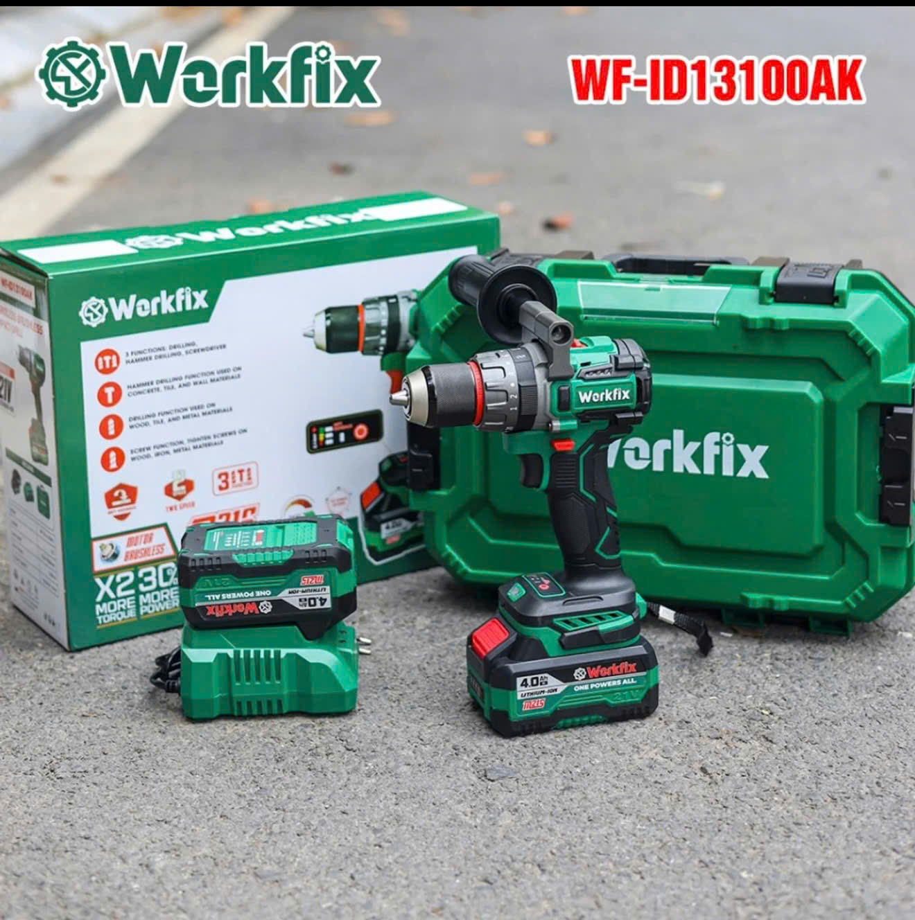 Máy Khoan 3 Chức Năng 100N.m Workfix - ID13100AK - Đầu Kẹp 13mm Auto Lock - Chống Lật Cổ Tay - Brushless Motor - Chân Pin Phổ Thông - 2 Pin 21V/4Ah PLUS - Có Tay Cầm Trợ Lực