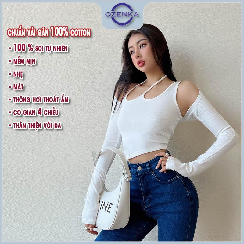 Set áo croptop tay dài hở vai áo ba lỗ nữ vạt nhọn OZENKA , áo crt ôm body gợi cảm mềm mịn thấm hút mồ hôi
