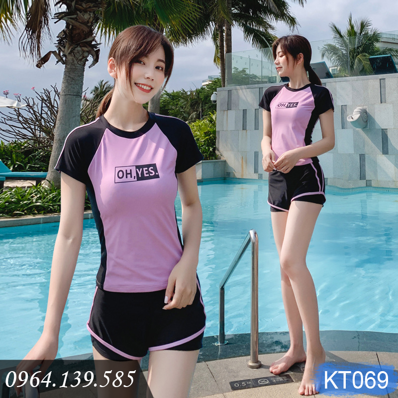 Bộ bơi nữ áo cộc tay, quần sooc đùi thể thao, đệm tròn dễ mặc, chất thun co giãn, dáng năng động, dấu bụng tốt | KT069