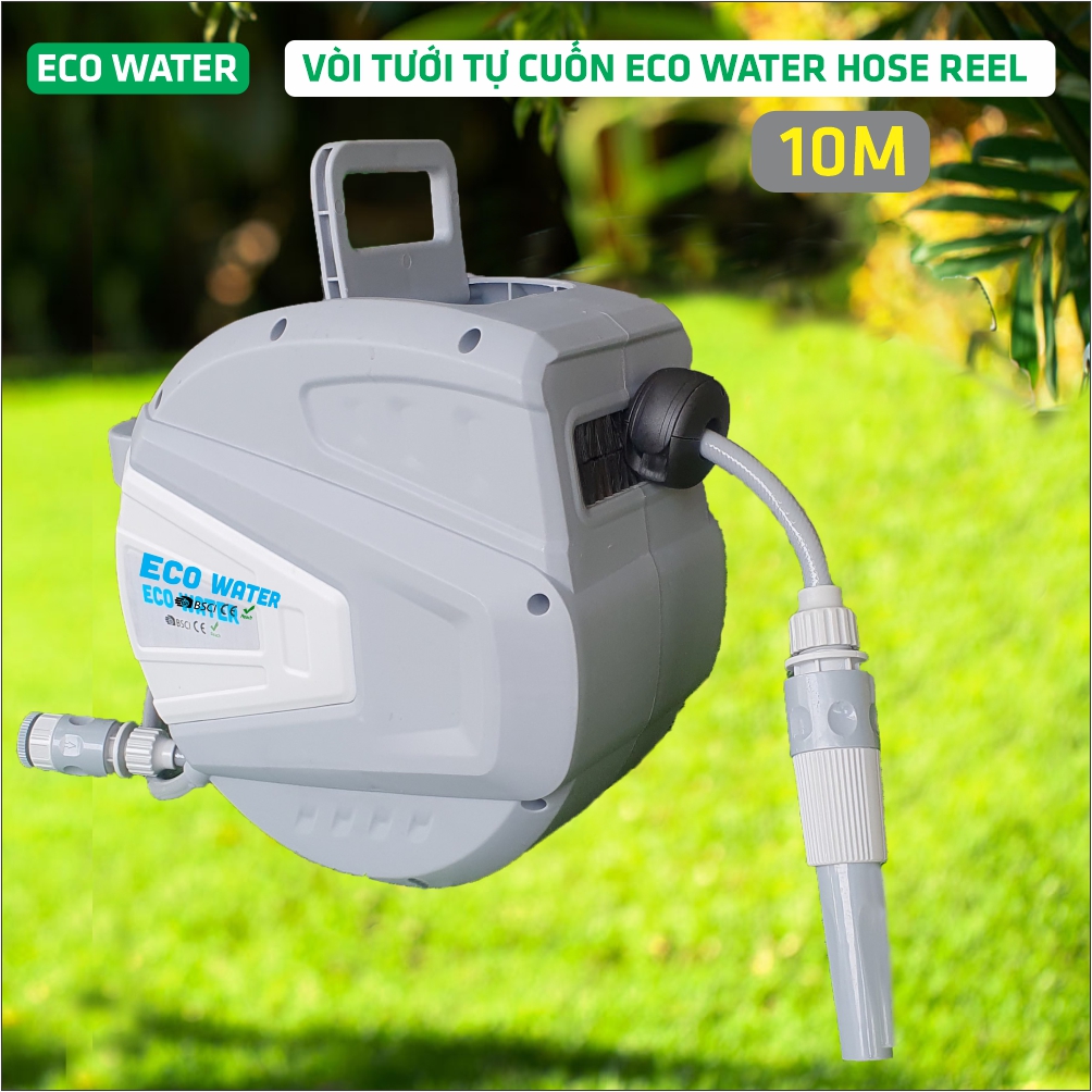 Vòi Tưới Cây Tự Thu Dây EcoWater Hosereel. Chiều dài 10m.Tính năng vào chậm chống rối.Thẩm mỹ - Hiệu quả - Bền hơn 5 năm.Tặng kèm đầu phun 9 cấp độ