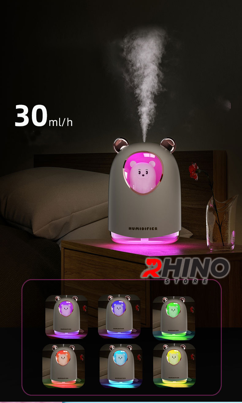 Máy phun sương tạo ẩm Rhino H904 dung tích 300ml, nhỏ gọn, không gây tiếng ồn, tích hợp đèn ngủ RGB nhiều màu - Hàng chính hãng