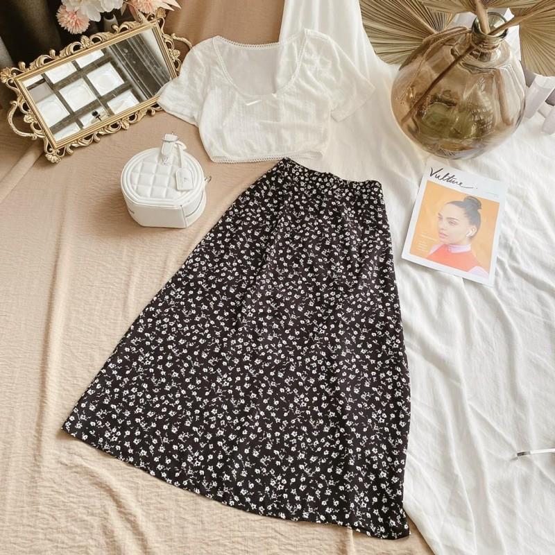 Set Áo Crop Trắng Thêu Nổi + Chân Váy Midi Hoa - Kèm Ảnh Thật