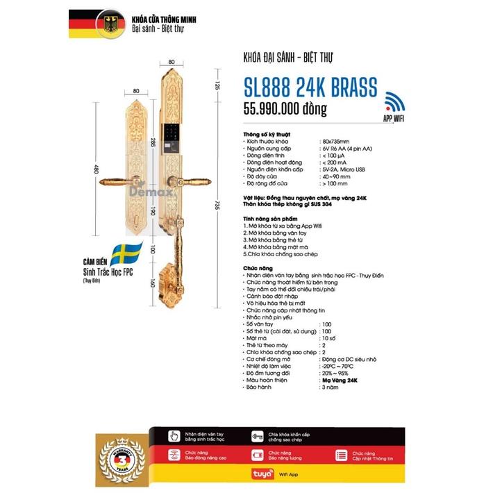 Khóa điện tử vân tay sinh trắc học dành cho biệt thự mà vàng Demax SL888 24K BRASS