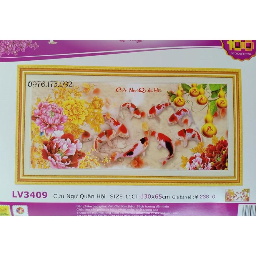 Tranh thêu chữ thập Cửu ngư quần hội LV3409-130x65cm