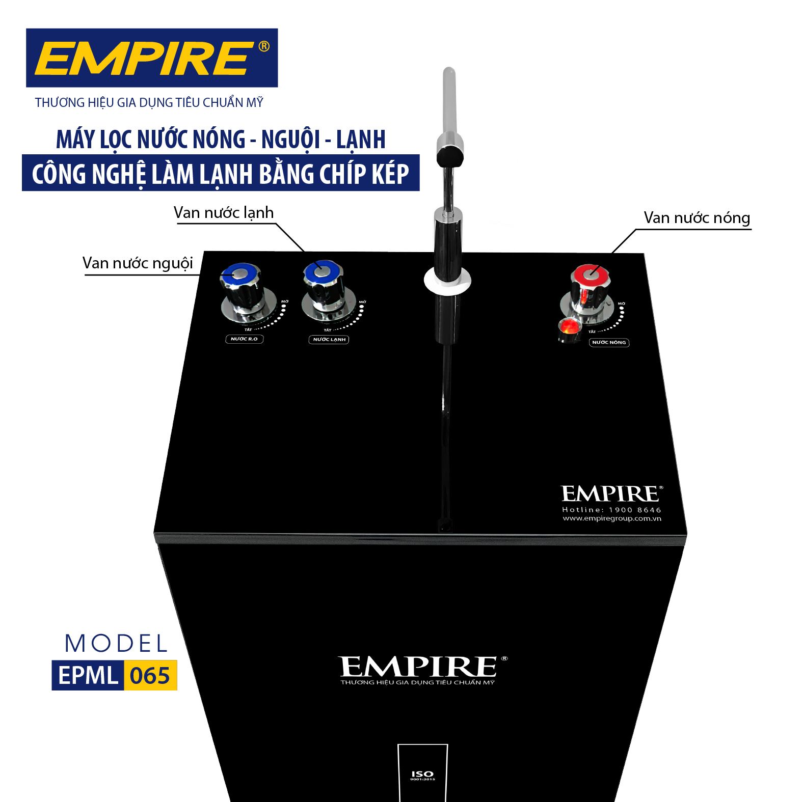 MÁY LỌC NƯỚC EMPIRE NÓNG -LẠNH-NGUỘI CÔNG NGHỆ CHIP LÀM LẠNH NHANH MODEL EPML065 - HÀNG CHÍNH HÃNG