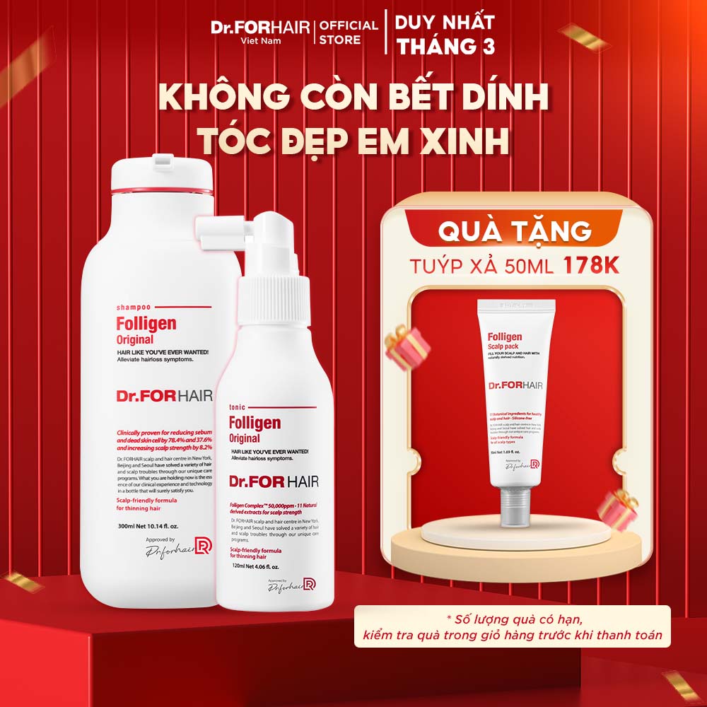 Combo gội dưỡng hỗ trợ mọc tóc giảm rụng tóc nuôi dưỡng da đầu Dr.FORHAIR Folligen Original Shampoo 300ml x Folligen Tonic Original 120ml