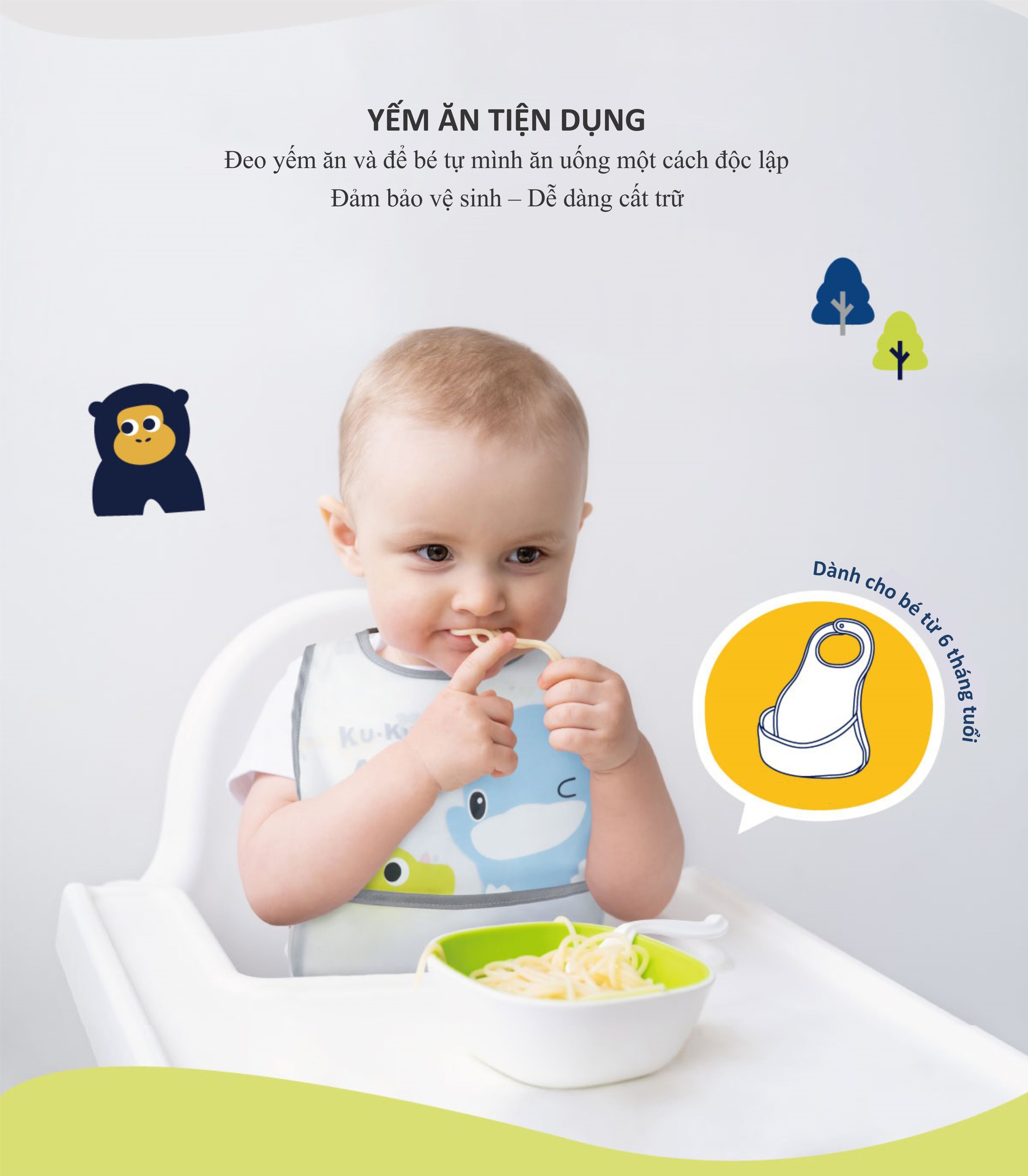 YẾM ĂN EM BÉ KHÔNG THẤM NƯỚC HÌNH THÚ VUI NHỘN CÓ KHAY HỨNG - KU2253