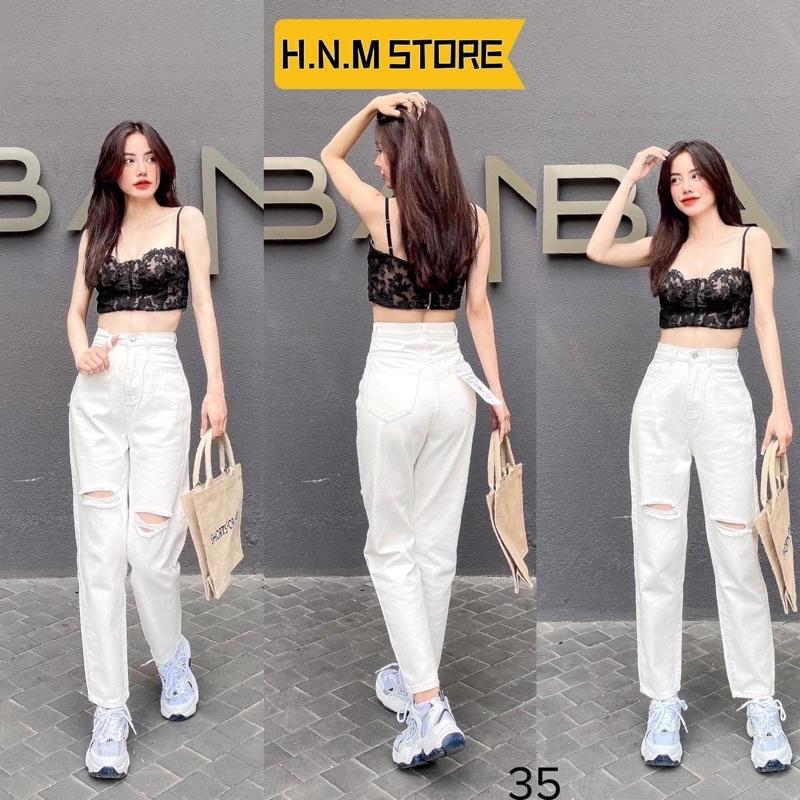 (Đen tuyền) () Quần jean bagy nữ rách gối lỗ bên hot nhất H.N.M STORE