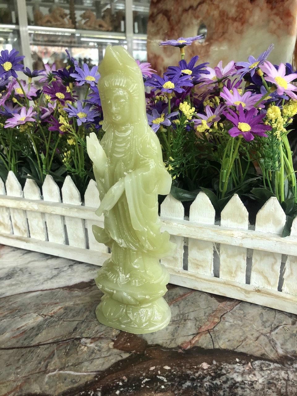 Tượng Phật Bà Quan Thế Âm Bồ Tát đứng đài sen cầu bình an đá ngọc Onyx - Cao 20 cm