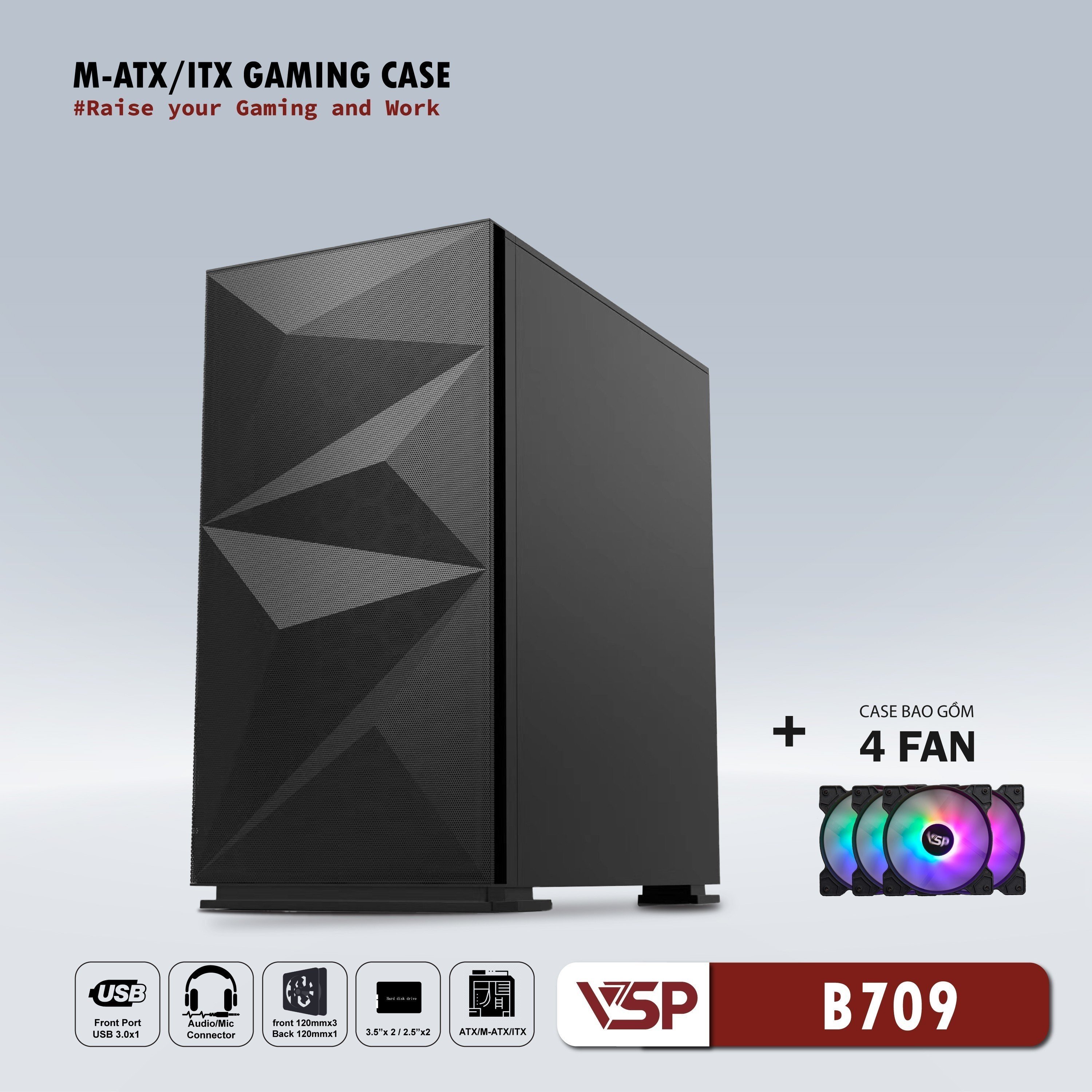 Vỏ máy tính Case VSP B709 [ĐEN] sẵn 4 Fan LED ~ Gaming kính cường lực (M-ATX/ITX) - Hàng chính hãng TECH VISION phân phối