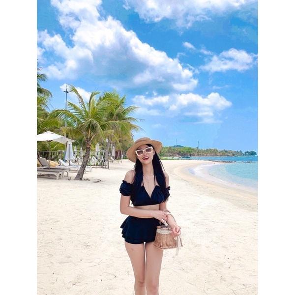 Bikini, đồ bơi đi biển 2 mảnh nữ áo tay phồng Hiền Hồ phối váy 2 tầng đẹp HM-070