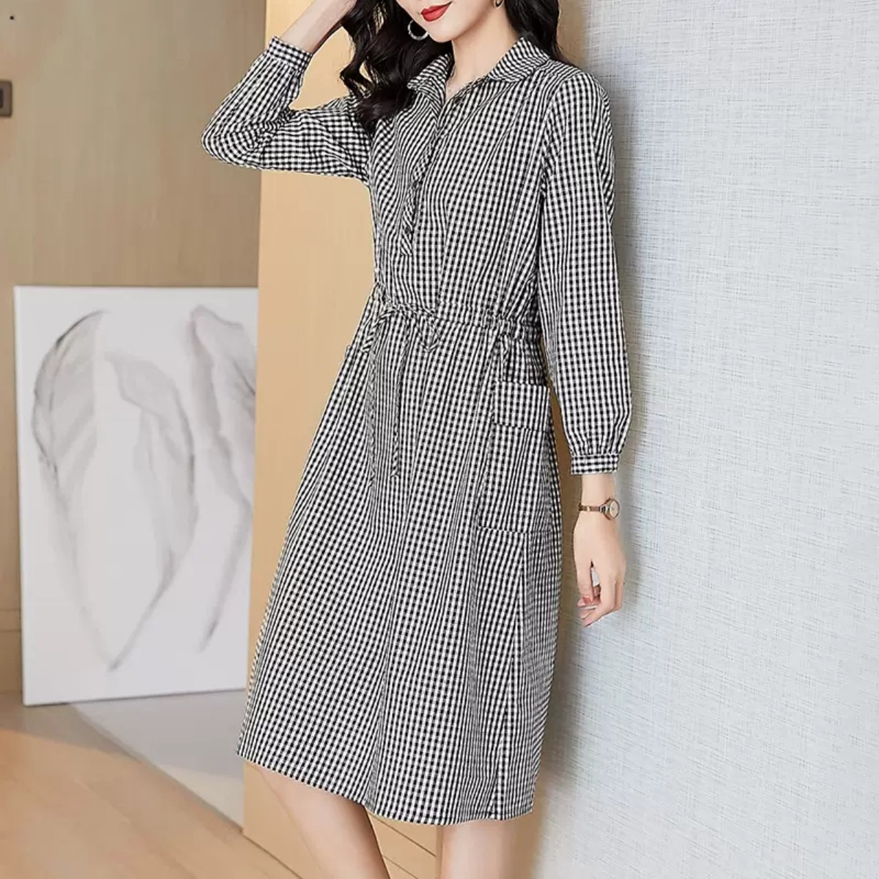 Váy sơ mi suông dài tay, Đầm nữ chất thô đũi kẻ caro, kèm dây thắt eo thời trang công sở ARCTIC HUNTER Da187