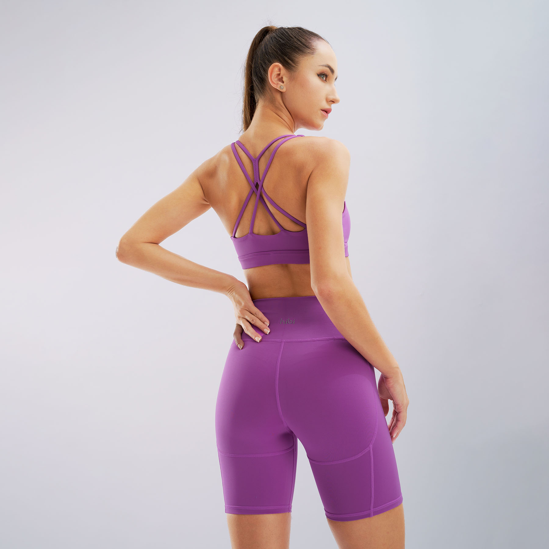 Set đồ tập yoga gym Luxury Hibi Sports H143, quần đùi lưng cao màu Tím kèm mút ngực, vải cao cấp Lu Fabric