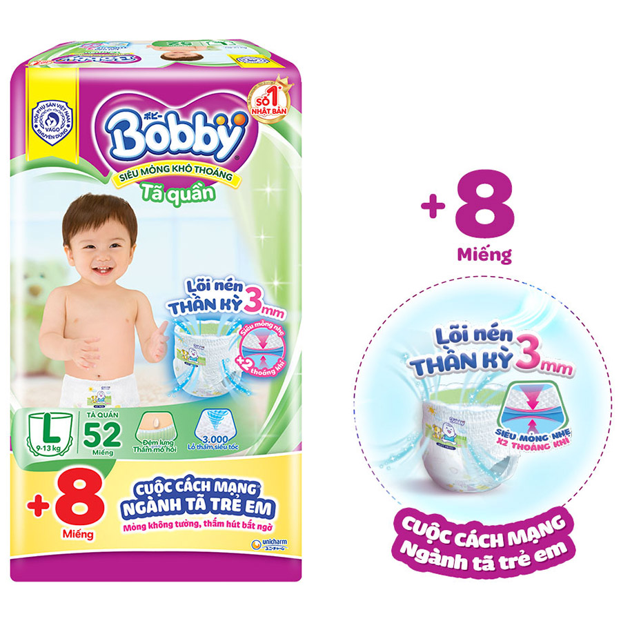 Tã quần Bobby mới L52 - Lõi nén thần kì 3mm - Siêu mỏng khô thoáng bất ngờ - Tặng thêm 8 miếng