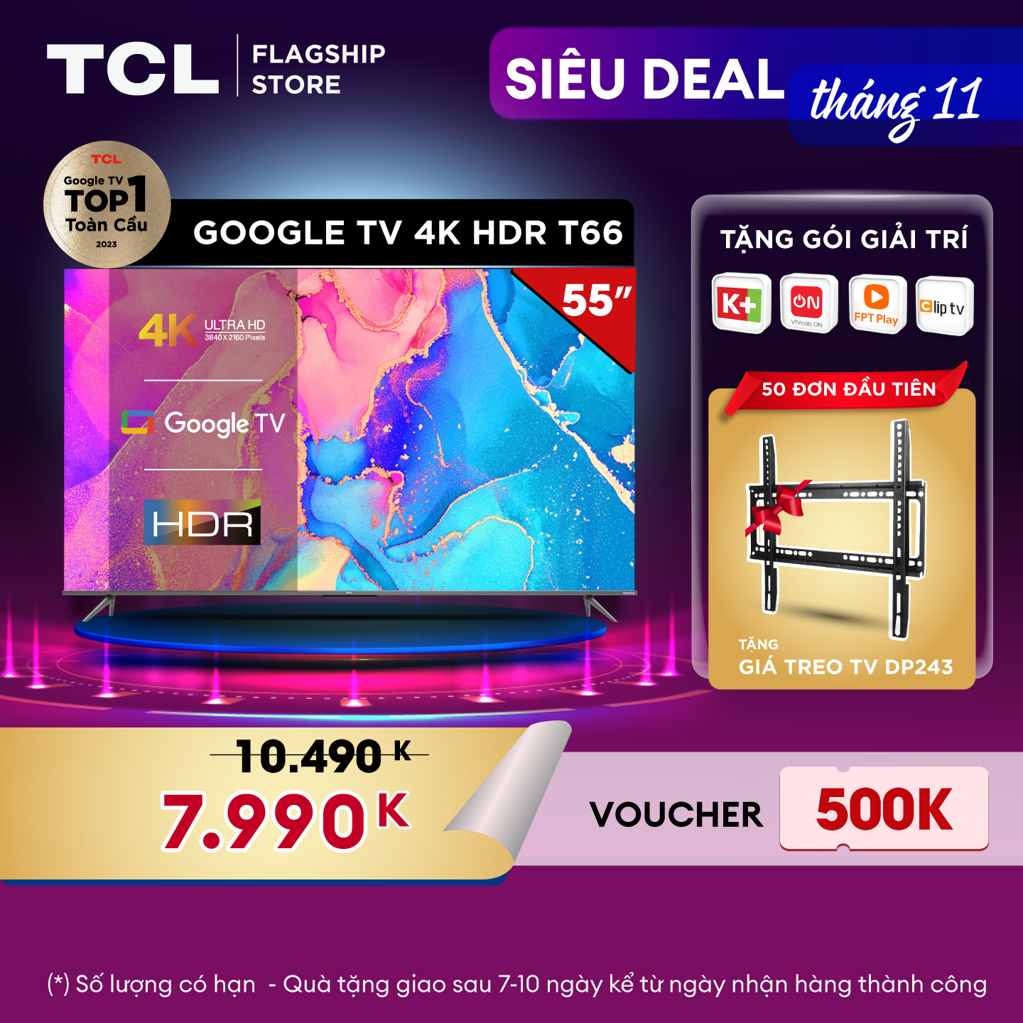 [Sản phẩm mới nhất 2022] GOOGLE Tivi 55'' 4K HDR - 55T66 - Gam Màu Rộng Dolby Audio - Tivi Giá Rẻ Chất Lượng - Bảo Hành 2 Năm - Hàng chính hãng