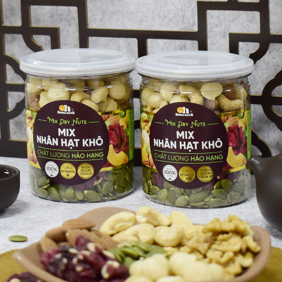 Mix Nhân Các Loại Hạt Dinh dưỡng Smilenuts hộp 255g/500g _ Gồm Nhân Óc Chó Đỏ Mỹ, Nhân Óc Chó vàng Chile, Hạnh Nhân tách vỏ Mỹ, Nhân hạt Macca Úc, Nhân hạt điều Bình Phước, Nhân Hạt Bí Xanh_ Thực phẩm dinh dưỡng