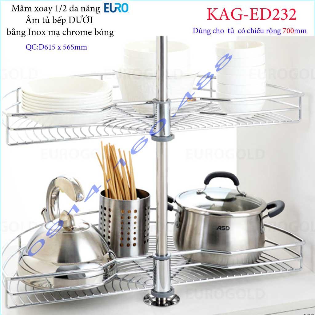 Kệ xoay bán nguyệt Euro KAG-ED232, mâm xoay inox, kệ góc xoay inox tủ bếp dưới