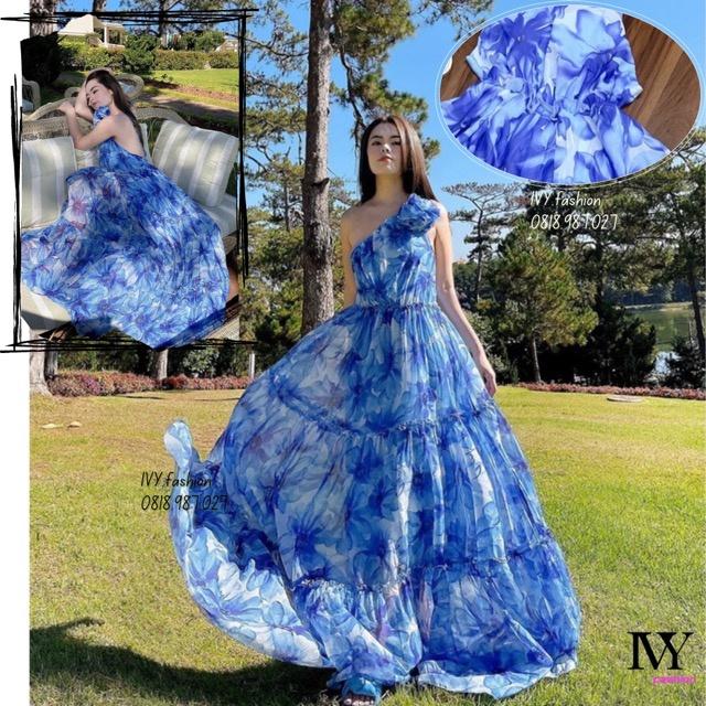 Đầm váy maxi voan lót lụa mút ngực hoa xanh lệch xoè dài dập ly đi biển dự tiệc dạo phố bigsize gợi cảm sexy