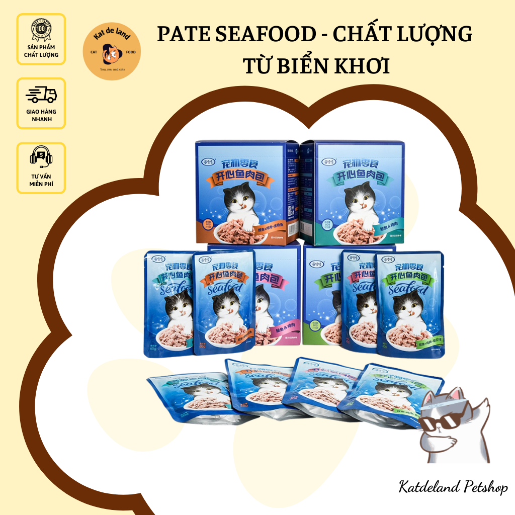 Pate cho mèo SEAFOOD đủ vị, Pate SEAFOOD cho mèo túi 60gr bổ dưỡng